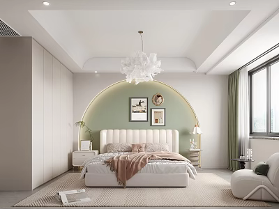 Modern Bedroom Interior Design Featuring White Headboard Light Green Accent Wall Arched Design And Chandelier 3d model