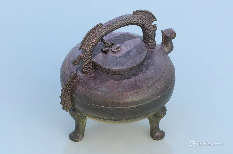 Antique Bronze Decorative Ornament Set With Dragon Handle And Three Legs Design 3d model 