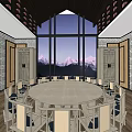 Private Box Interior With Large Windows Fireplace Wooden Ceiling And Comfortable Sofas Carpets