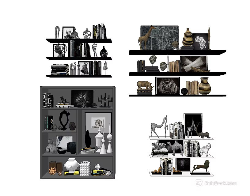 Modern Wall Cabinets And Hanging Cabinets With Decorative Books Artworks And Ornaments 3d model 