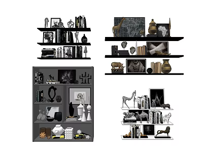 Modern Wall Cabinets And Hanging Cabinets With Decorative Books Artworks And Ornaments 3d model