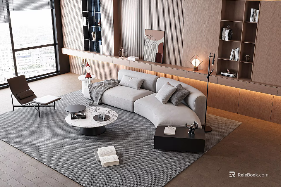 Modern Living Room With Gray L Shaped Sofa And White Round Coffee Table Set 3d model 