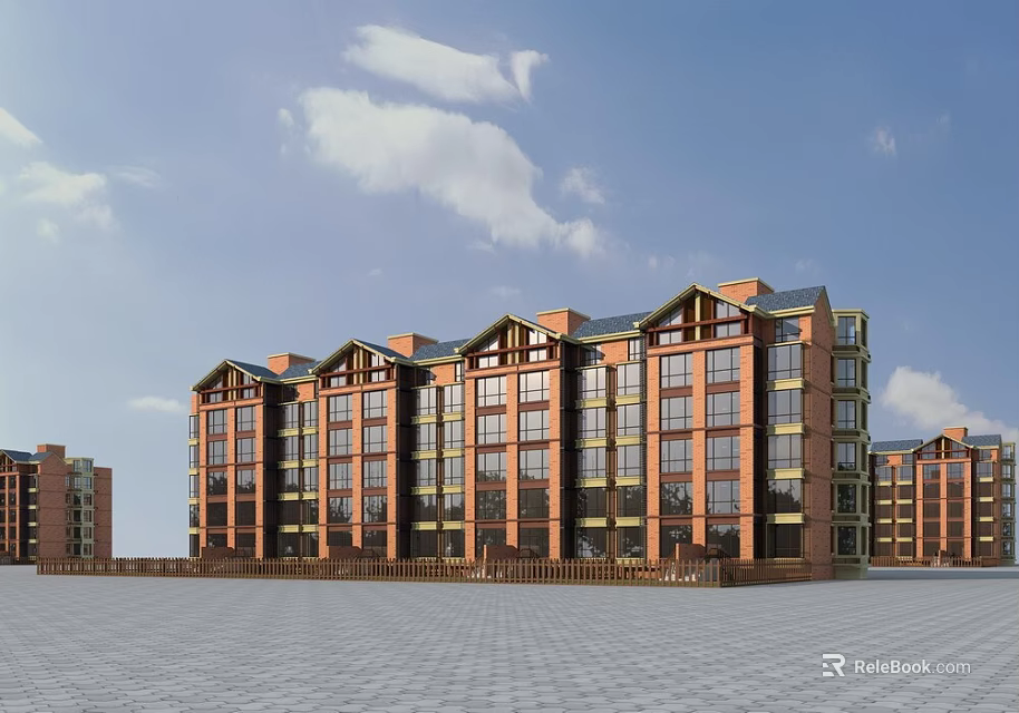 Modern Multi Story Residential Building With Red Brick Exterior Large Windows And Spacious Square 3d model 