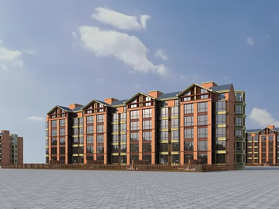 Modern Multi Story Residential Building With Red Brick Exterior Large Windows And Spacious Square 3d model