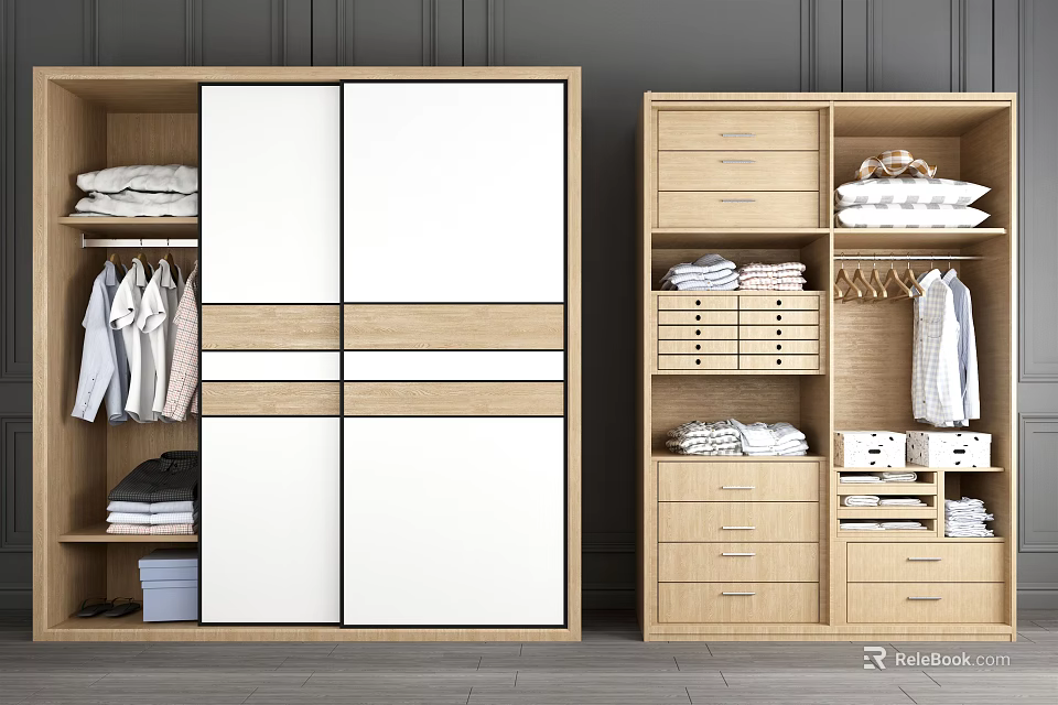 Modern Wooden Wardrobe with Sliding Doors White Panels Hanging Folded Clothes Storage Drawers 3d model 