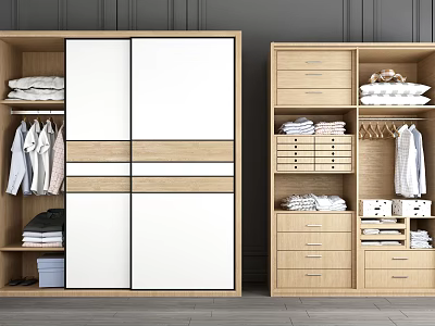 Modern Wooden Wardrobe with Sliding Doors White Panels Hanging Folded Clothes Storage Drawers 3d model