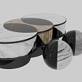 Modern Coffee Table With White And Wooden Marble Top And Black Metal Frame