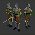 Game Movie Character Wearing Gold and Brown Armor Holding Weapons in Three Standing Poses