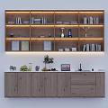 Wooden Shelf Unit With Books Trophies Certificates Lighting And Under Cabinet Storage