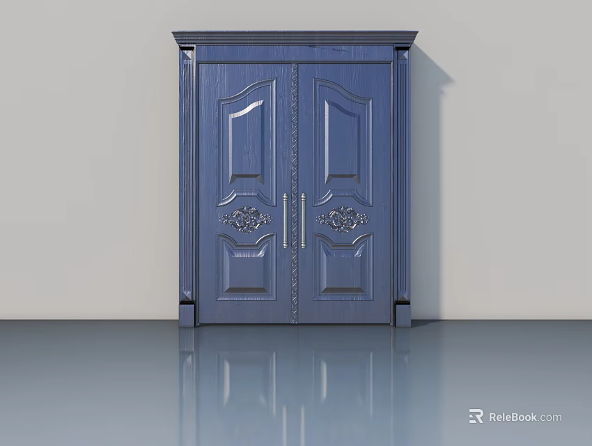 Blue Double Hinged Door with Carved Patterns and Elegant Interior Frame Design 3d model
