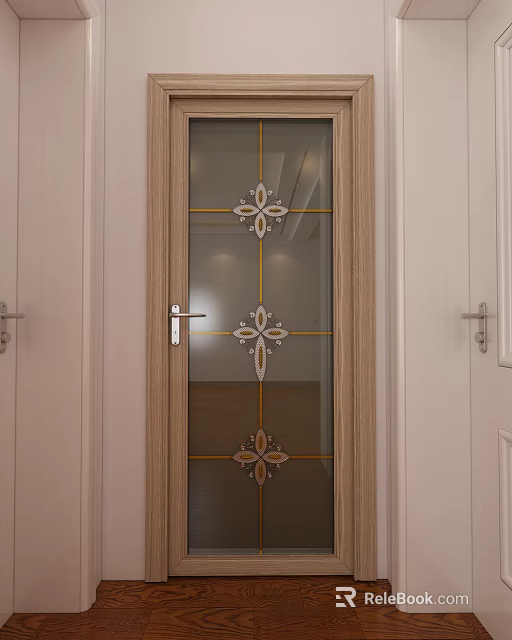 Modern Swing Door With Wooden Frame Glass Panel Golden Lines And Decorative Floral Patterns 3d model 