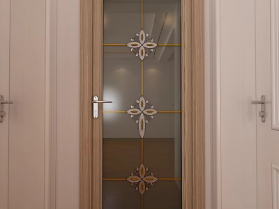Modern Swing Door With Wooden Frame Glass Panel Golden Lines And Decorative Floral Patterns 3d model