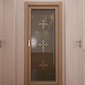 Modern Swing Door With Wooden Frame Glass Panel Golden Lines And Decorative Floral Patterns