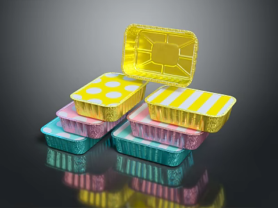 Colorful Aluminum Foil Tableware Set With Striped Dotted Patterns Stacked Together 3d model