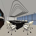 Modern Conference Room Interior With Black Table White Chairs Curved Ceiling And Large Windows
