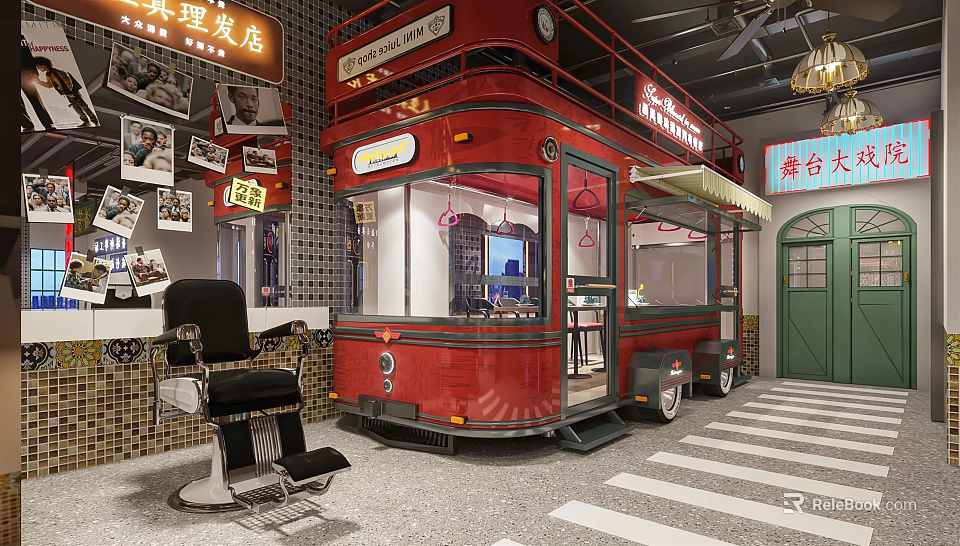 Vintage Hair Salon With Red Double Decker Tram Barber Chair Photo Wall Decorations 3d model 