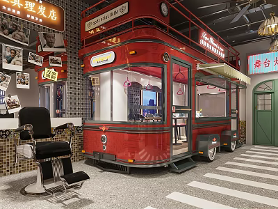 Vintage Hair Salon With Red Double Decker Tram Barber Chair Photo Wall Decorations 3d model