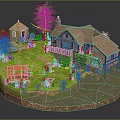 Cartoon Scene with Cute Cottages Green Trees Blue Car Garden Pond and Watermill
