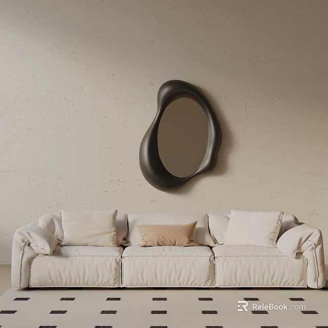 Cream Three Seater Sofa with Cushions Against Light Gray Wall and Black Irregular Mirror 3d model 