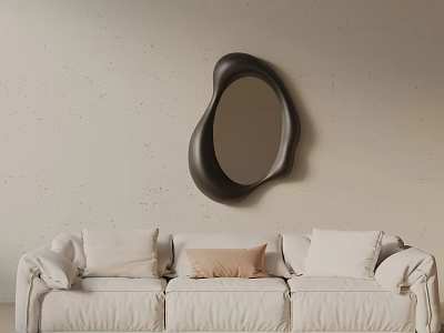 Cream Three Seater Sofa with Cushions Against Light Gray Wall and Black Irregular Mirror 3d model