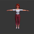 3D Female Character With Red Hair White Top Maroon Pants Arms Outstretched On Gray Background