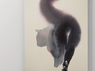 Cat Animal Painting With Dark Fur Long Fluffy Tail Ink Wash Style Light Background 3d model