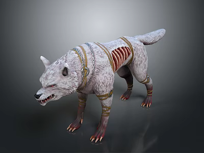 Mythical Wolf Warrior Creature With Golden Straps And Red Skeletal Armor Details 3d model
