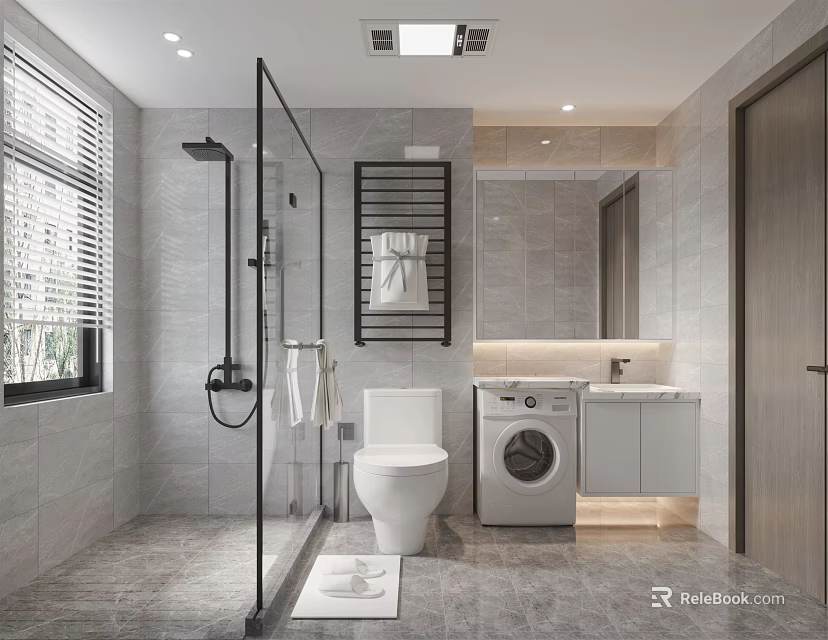 Modern Bathroom Interior With Glass Shower Toilet Washing Machine Sink Mirror And Grey Tiles 3d model 