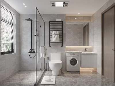 Modern Bathroom Interior With Glass Shower Toilet Washing Machine Sink Mirror And Grey Tiles 3d model