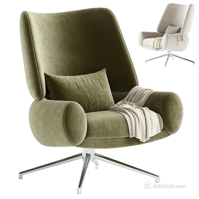 Modern Olive Green Velvet Accent Chair With Pillow Blanket And Metal Base 3d model 