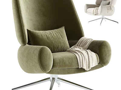 Modern Olive Green Velvet Accent Chair With Pillow Blanket And Metal Base 3d model
