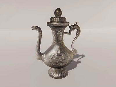 Traditional Silver Wine Pot With Decorative Engraved Patterns And Ornate Spout Handle Design 3d model