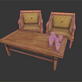 Two Upholstered Single Sofas With Wooden Coffee Table And Decorative Stacked Cups