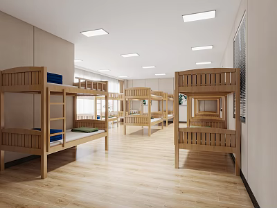 Wooden Bunk Bed Dormitory With Multiple Beds Spacious Interior And Wooden Floors 3d model