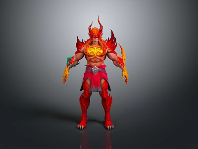 Muscular Man In Flame Themed Armor With Red And Orange Fiery Details 3d model