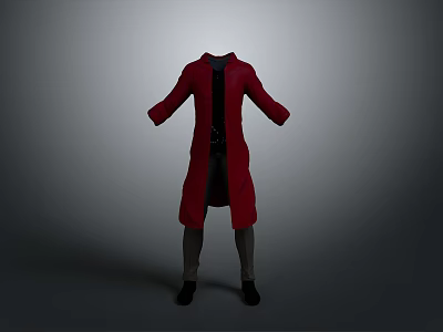 Man Wearing Red Long Coat Open Front Black Inner Gray Pants Black Shoes Gray Background 3d model