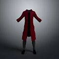 Man Wearing Red Long Coat Open Front Black Inner Gray Pants Black Shoes Gray Background