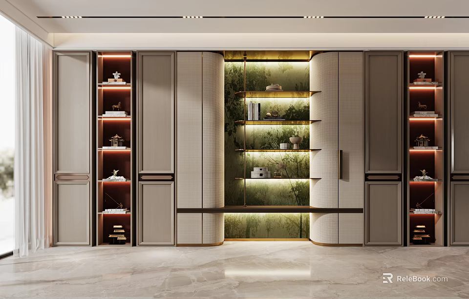 Luxurious Contemporary Decorative Cabinet With Display Shelves Glass Doors And Built in Lighting 3d model 