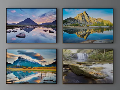 Scenic Landscape Paintings Featuring Mountain Lake Reflections Waterfall and Natural Scenery 3d model