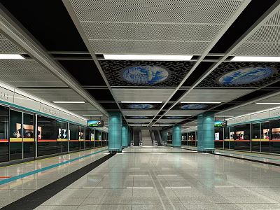Metro Station Platform With Ceiling Design Blue Decorative Patterns Columns And Bright Lighting Near Tracks 3d model