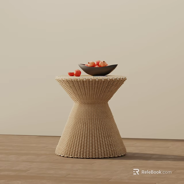 Modern Woven Rattan Side Table With Conical Base Round Top Black Bowl And Red Fruits 3d model 