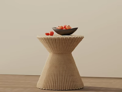 Modern Woven Rattan Side Table With Conical Base Round Top Black Bowl And Red Fruits 3d model