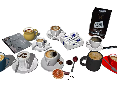 Assorted Coffee Beverages Featuring Various Cups Powder Bag Sugar Packets and Coffee Beans 3d model