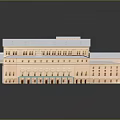 Classical Building Model Featuring White Roof Beige Walls Columns Green Awning Entrance Multi Story Design