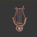 Antique Lyre Musical Instrument With Golden Accents And Carved Details