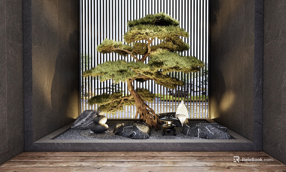 Courtyard Garden Featuring Pine Tree Stones Vertical Slatted Screen Wooden Floor And Lighting 3d model 