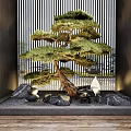 Courtyard Garden Featuring Pine Tree Stones Vertical Slatted Screen Wooden Floor And Lighting