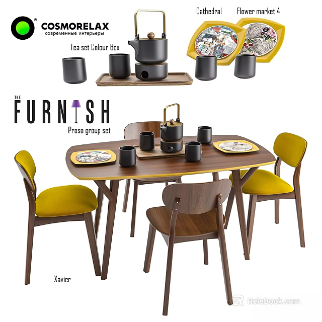 Modern Wooden Dining Table Set With Yellow Chairs And Decorative Tableware 3d model