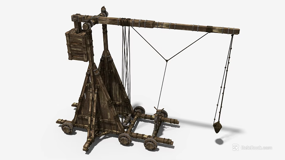 Medieval Wooden Catapult Siege Weapon With Wheels Launch Arm And Hanging Weight 3d model 