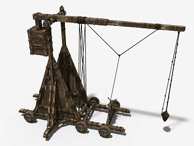 Medieval Wooden Catapult Siege Weapon With Wheels Launch Arm And Hanging Weight 3d model